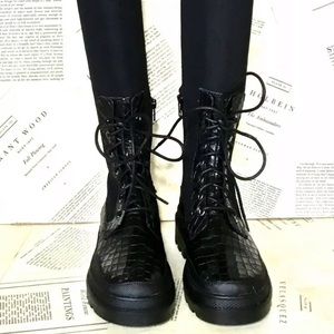 Free People Shoreditch Over Knee Combat Boot Leather Croc Tight Stretch 38/8